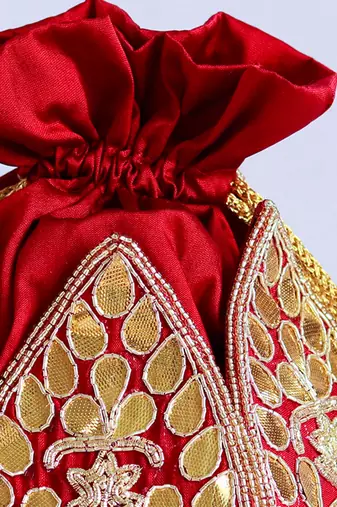 Red silk gotapatti handwork mini lotus potli