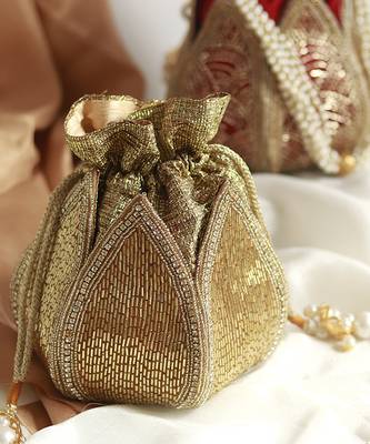 Gold silk embroidered mini lotus potli 1