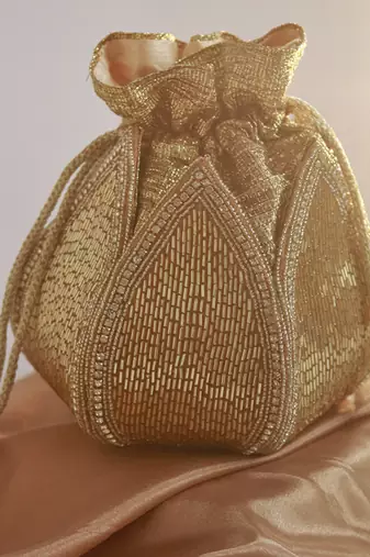 Gold silk embroidered mini lotus potli