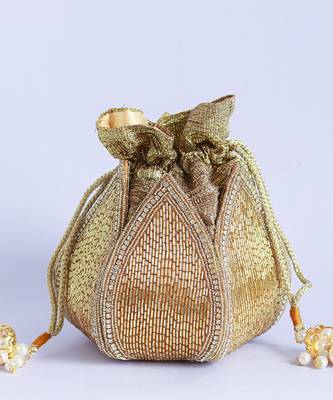 Gold silk embroidered mini lotus potli 4