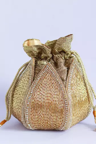 Gold silk embroidered mini lotus potli