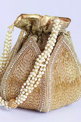 Gold silk embroidered mini lotus potli
