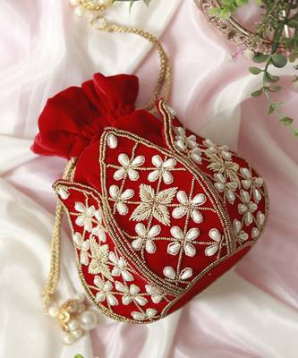 Red velvet embroidered mini lotus potli 1