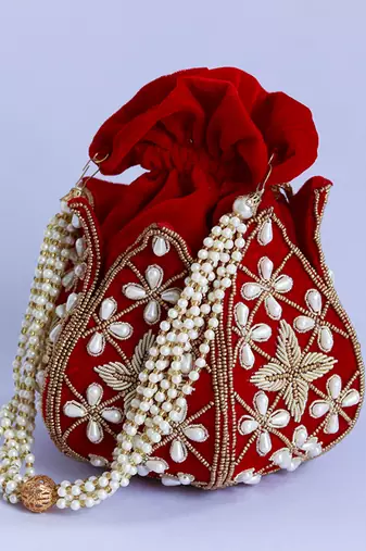 Red velvet embroidered mini lotus potli