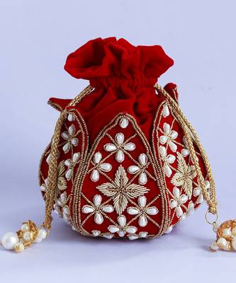 Red velvet embroidered mini lotus potli 3