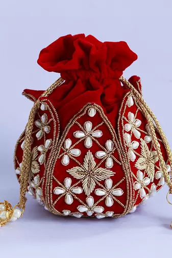 Red velvet embroidered mini lotus potli
