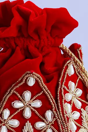 Red velvet embroidered mini lotus potli