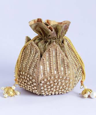 Gold silk hand embroidered mini lotus potli 3