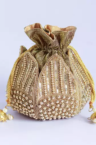 Gold silk hand embroidered mini lotus potli