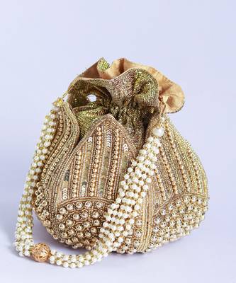 Gold silk hand embroidered mini lotus potli 4