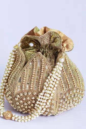 Gold silk hand embroidered mini lotus potli