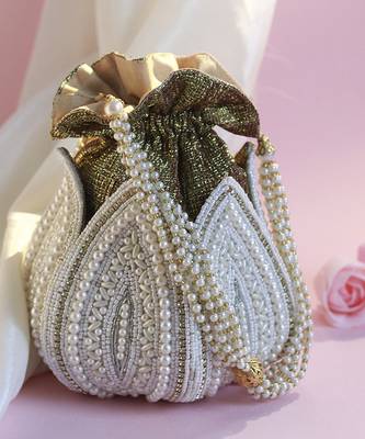 White silk embroidered mini lotus potli 1