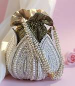 White silk embroidered mini lotus potli