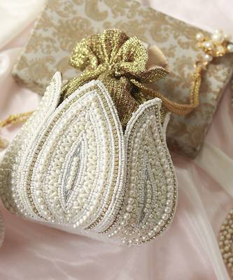 White silk embroidered mini lotus potli 2