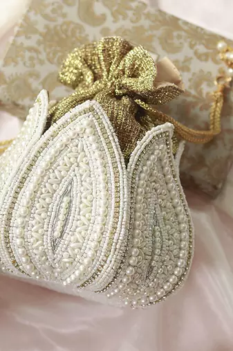 White silk embroidered mini lotus potli