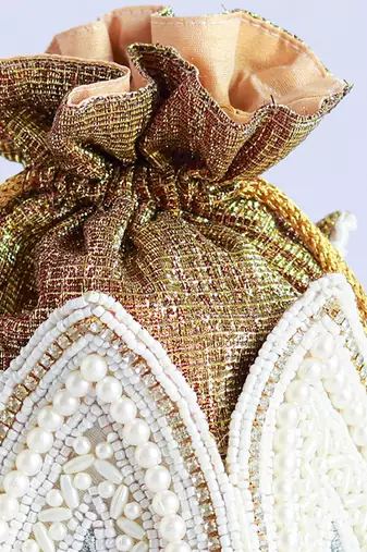 White silk embroidered mini lotus potli