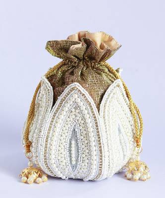 White silk embroidered mini lotus potli 4