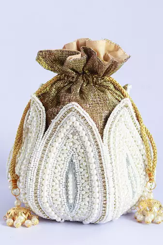 White silk embroidered mini lotus potli