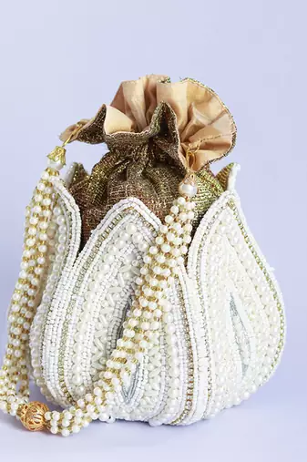 White silk embroidered mini lotus potli