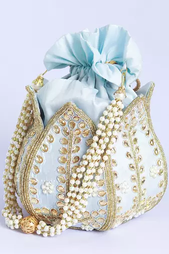 Blue silk kundan handwork mini lotus potli