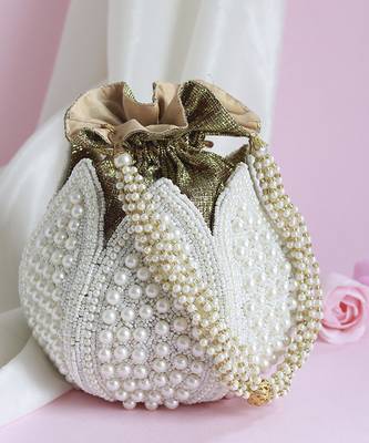White silk pearl embroidered mini lotus potli 1