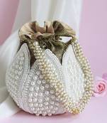 White silk pearl embroidered mini lotus potli