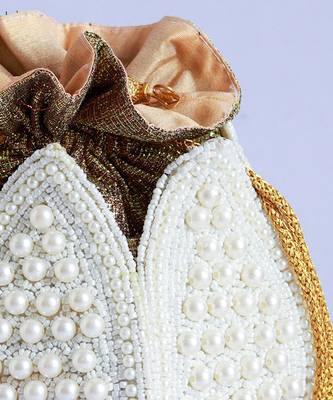 White silk pearl embroidered mini lotus potli 2
