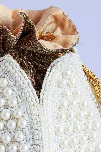 White silk pearl embroidered mini lotus potli