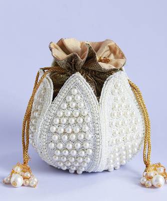 White silk pearl embroidered mini lotus potli 3