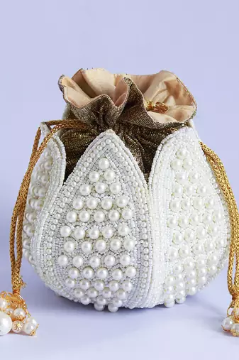 White silk pearl embroidered mini lotus potli