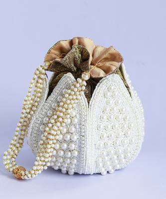 White silk pearl embroidered mini lotus potli 4