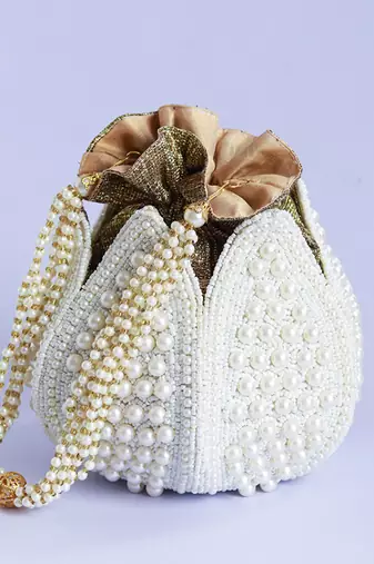 White silk pearl embroidered mini lotus potli