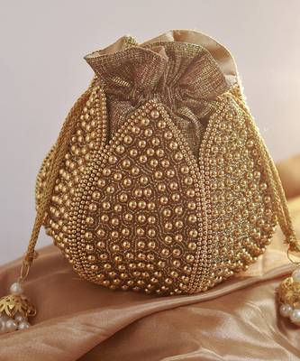 Gold silk moti embroidered mini lotus potli 1