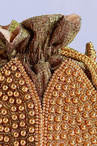 Gold silk moti embroidered mini lotus potli
