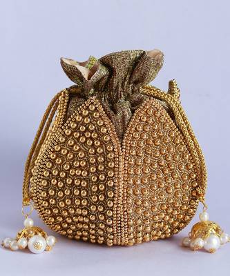 Gold silk moti embroidered mini lotus potli 3