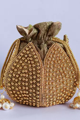 Gold silk moti embroidered mini lotus potli