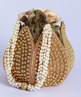 Gold silk moti embroidered mini lotus potli 4