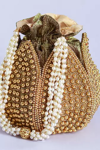 Gold silk moti embroidered mini lotus potli