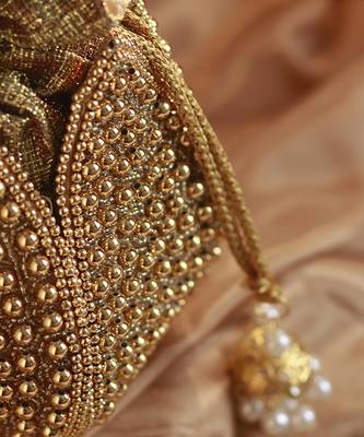 Gold silk moti embroidered mini lotus potli 5