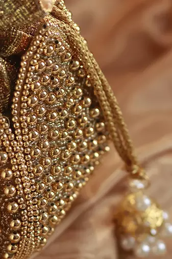 Gold silk moti embroidered mini lotus potli