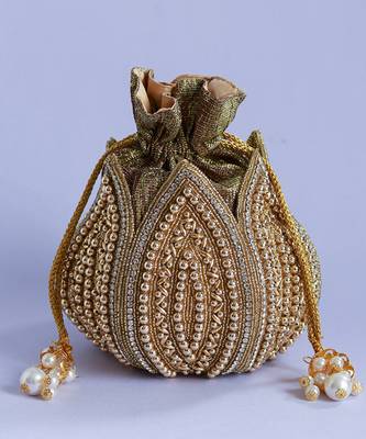 Gold hand embroidered silk lotus potli 3