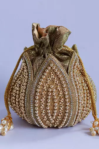 Gold hand embroidered silk lotus potli