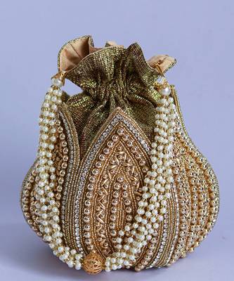Gold hand embroidered silk lotus potli 4