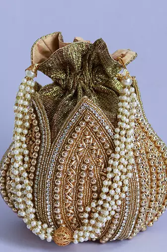 Gold hand embroidered silk lotus potli