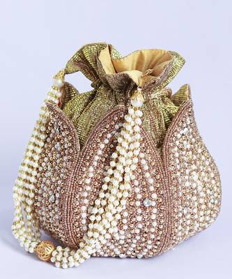 Gold hand embroidered silk mini lotus potli 1