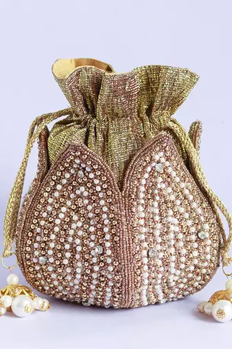Gold hand embroidered silk mini lotus potli