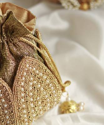 Gold hand embroidered silk mini lotus potli 3