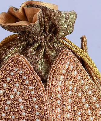 Gold hand embroidered silk mini lotus potli 4