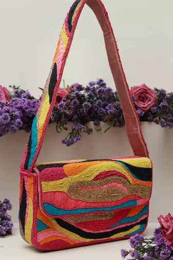 Mulitcolor suede baguette bag with handle