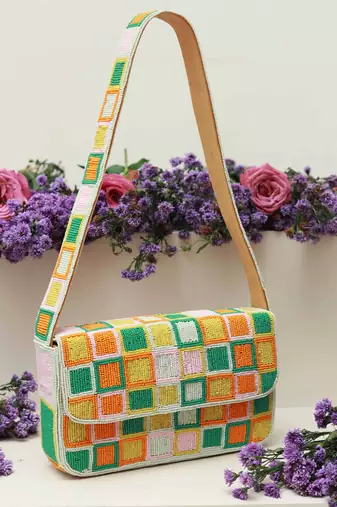 Multicolor suede blossom blocks bag with handle